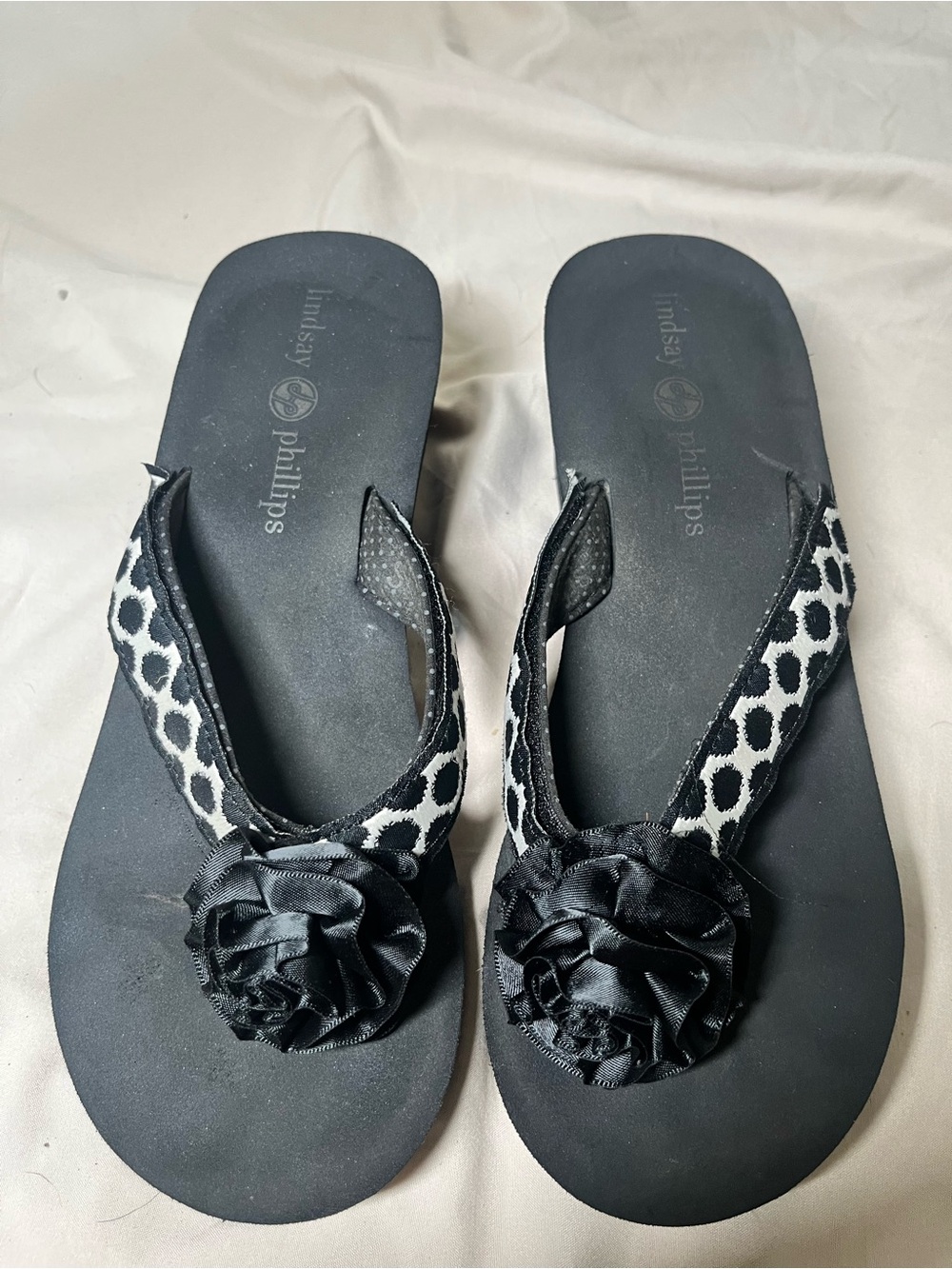 lindsay phillips Black and White Floral-Rosette Flip Flop Sandals